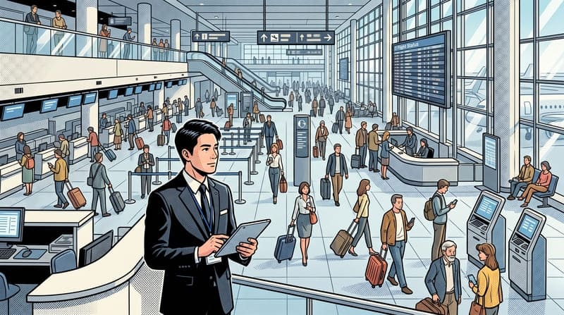 アナロジー思考で空港の案内や人の流れから情報の振り分けを考えることのイメージ画像