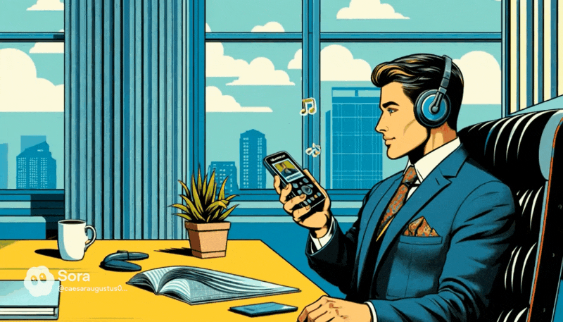 サブスクリプション利用のオーディオブックで学ぶビジネスマンのイメージgif